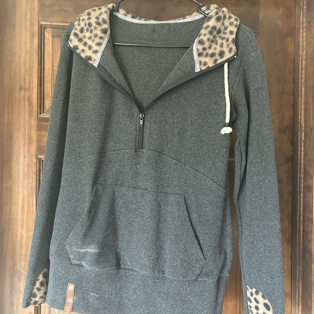 Gray Hoodie with Leopard Print Accents